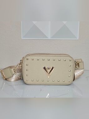 Valentino Orlandi Beige Studded Camera Crossbody Bag Gold Hardware Italy